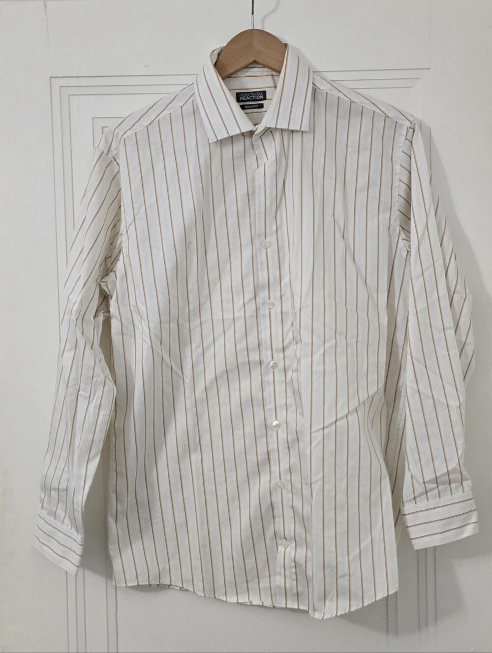 Kenneth Cole Reaction White Button-Up Shirt with Brown Pinstripes